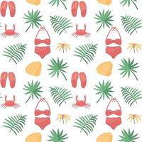 Seamless pattern with colorful beach elements. Swimsuit, tropical leaves, crab, sea shells. Vector summer vacation repeatable design.