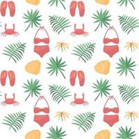 Seamless pattern with colorful beach elements. Swimsuit, tropical leaves, crab, sea shells. Vector summer vacation repeatable design.