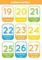 Learning numbers cards from 19 to 27. Colorful flashcards. vector