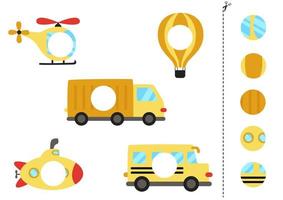 Cut and glue parts of cute cartoon transportation means. vector
