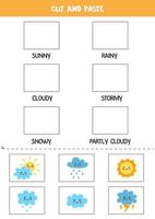 Cut weather pictures and paste them into right boxes. Worksheet for kids. vector