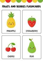 lindas frutas y bayas de dibujos animados con nombres. tarjetas para niños. vector