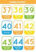 Learning numbers cards from 37 to 45. Colorful flashcards. vector