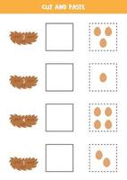 Math game for kids. Count and paste cute bird eggs. vector