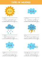 Tracing names of weather types. Writing practice. vector