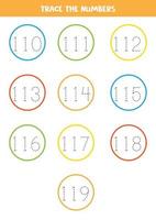 Tracing numbers from 110 to 119. Writing practice. vector