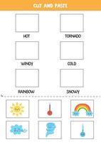 Cut weather pictures and paste them into right boxes. Worksheet for kids. vector