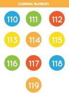 Learning numbers cards from 110 to 119. Colorful flashcards. vector