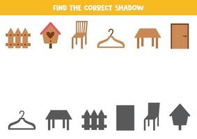 Find the correct shadows of wooden objects. Logical puzzle for kids. vector