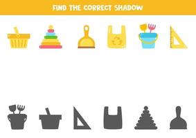 encontrar las sombras correctas de los objetos de plástico. rompecabezas lógico para niños. vector