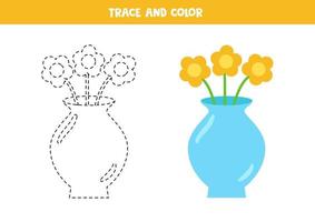 Trace and color cartoon vase with flowers. Worksheet for kids. vector