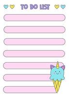 Vector to do list sheet for making notebooks with cute unicorn ice cream.