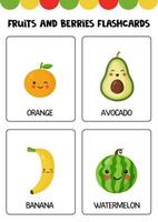 lindas frutas y bayas de dibujos animados con nombres. tarjetas para niños. vector