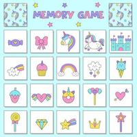 Educational memory game for children, vector cards with cute unicorn elements.