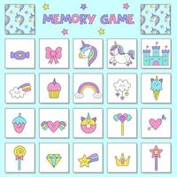 Educational memory game for children, vector cards with cute unicorn elements.