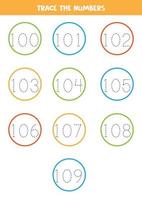 Tracing numbers from 100 to 109. Writing practice. vector