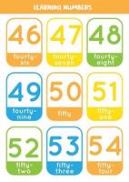 Learning numbers cards from 46 to 54. Colorful flashcards. vector