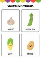 Cute cartoon vegetables with names. Flashcards for children. vector