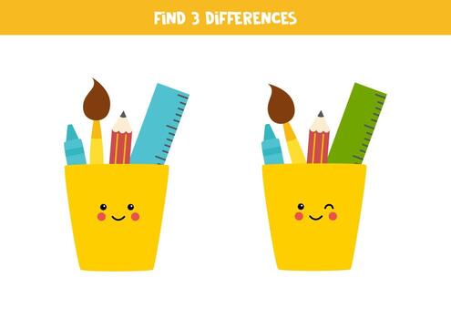 Find 3 differences between two pencil cups. vector