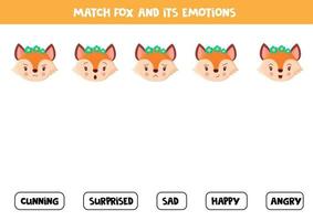 Matching game. Match cute fox and its emotions. vector