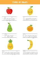 Tracing names of cartoon fruits. Writing practice. vector