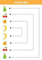 Tracing lines for kids. Cute cartoon fruits. Writing practice. vector