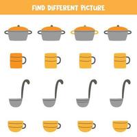 Find picture of kitchen utensils which is different from others. Worksheet for kids. vector