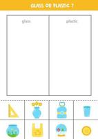 Sort objects into glass and plastic. Worksheet for kids. vector