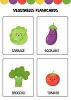 Cute cartoon vegetables with names. Flashcards for children. vector