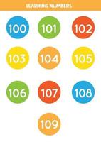 Learning numbers cards from 100 to 109. Colorful flashcards. vector