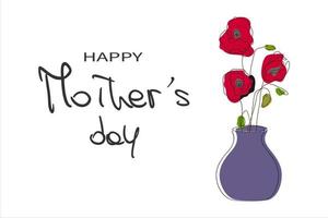 Happy mother's day. Icon of poppies flowers in a vase with a doodle design. Continuous one line art style. vector