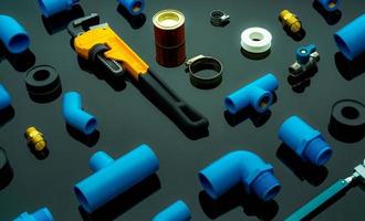 Plumbing tools. Plumber equipment. Blue PVC pipe fittings, glue can, and monkey pipe wrench. House plumbing repair and maintenance service. DIY tools for plumbing work isolated on dark background. photo
