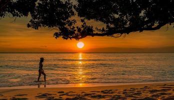 Silhouette sexy woman walking at tropical sea with beautiful sunset sky at paradise beach. Happy girl wear bikini and straw hat relaxing summer vacation. Holiday travel. Summer vibes. Life goes on. photo