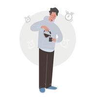 Flat design of man drinks coffee and is late vector