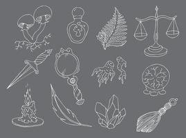 Esoteric magic witchcraft attributes doodle set. Colorless design vector