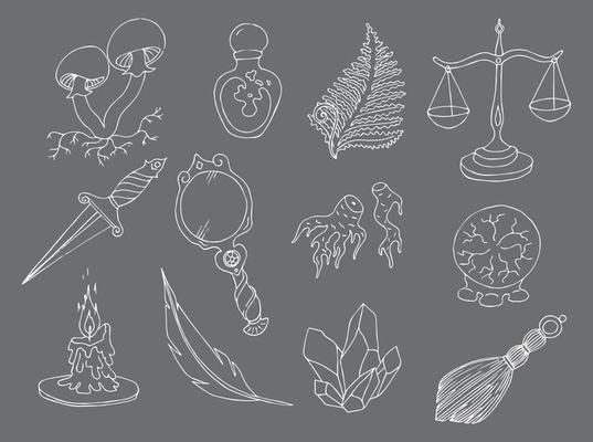 Esoteric magic witchcraft attributes doodle set. Colorless design