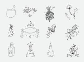 Esoteric magic witchcraft attributes doodle set. Colorless design vector