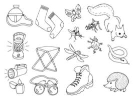 Hike and camping tourism hand drawn set vector