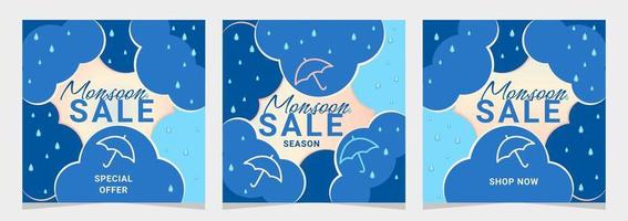 Monsoon sale offer banner template header with clouds, rainbow and umbrella on gradient background vector