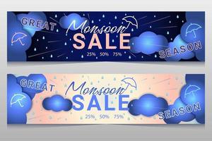 Monsoon sale offer banner template header with clouds, rainbow and umbrella on gradient background vector