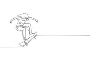 One continuous line drawing of young cool skateboarder woman riding skateboard doing a trick in skatepark. Extreme teenager sport concept. Dynamic single line draw graphic design vector illustration