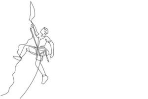 Single continuous line drawing of young muscular rockclimber man climbing hanging on mountain grip. Outdoor active lifestyle and rock climbing concept. Trendy one line draw design vector illustration