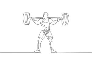 Single continuous line drawing of young strong weightlifter man preparing for barbell workout in gym. Weight lifting training concept. Trendy one line draw design graphic vector illustration