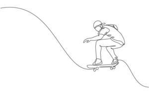 One continuous line drawing of young cool skateboarder man riding skateboard and doing a jump trick in skatepark. Extreme teenager sport concept. Dynamic single line draw design vector illustration