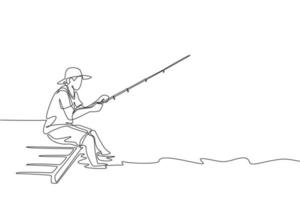 One single line drawing young happy fisher man siting on wooden pier and fishing peacefully vector graphic illustration. Holiday traveling for fishing hobby concept. Modern continuous line draw design
