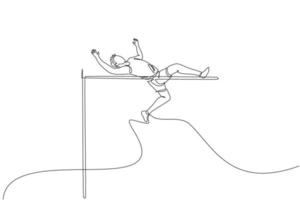un dibujo de una sola línea del éxito de un joven enérgico para pasar el listón en la ilustración vectorial del partido de salto alto. concepto de deporte atlético saludable. evento de competencia diseño moderno de dibujo de línea continua vector