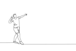 One single line drawing of young energetic woman exercise to throw shot put powerfully on the field vector illustration. Healthy lifestyle athletic sport concept. Modern continuous line draw design