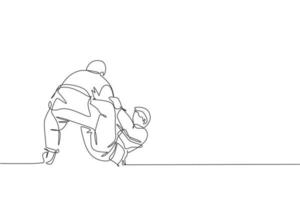 un dibujo de una sola línea de dos jóvenes luchadores judokas enérgicos luchan luchando en el centro de gimnasia ilustración vectorial gráfica. concepto de competición deportiva de artes marciales. diseño moderno de dibujo de línea continua vector
