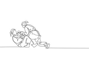 un dibujo de una sola línea de dos jóvenes luchadoras de judoka enérgicas luchan en el gráfico de ilustración vectorial del centro de gimnasia. concepto de competición deportiva de artes marciales. diseño moderno de dibujo de línea continua vector