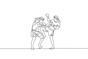 un dibujo de línea continua de dos jóvenes boxeadores muay thai deportivos preparándose para pelear, duelo en box arena. concepto de juego de deporte de lucha. Ilustración de vector de diseño de dibujo de línea única dinámica